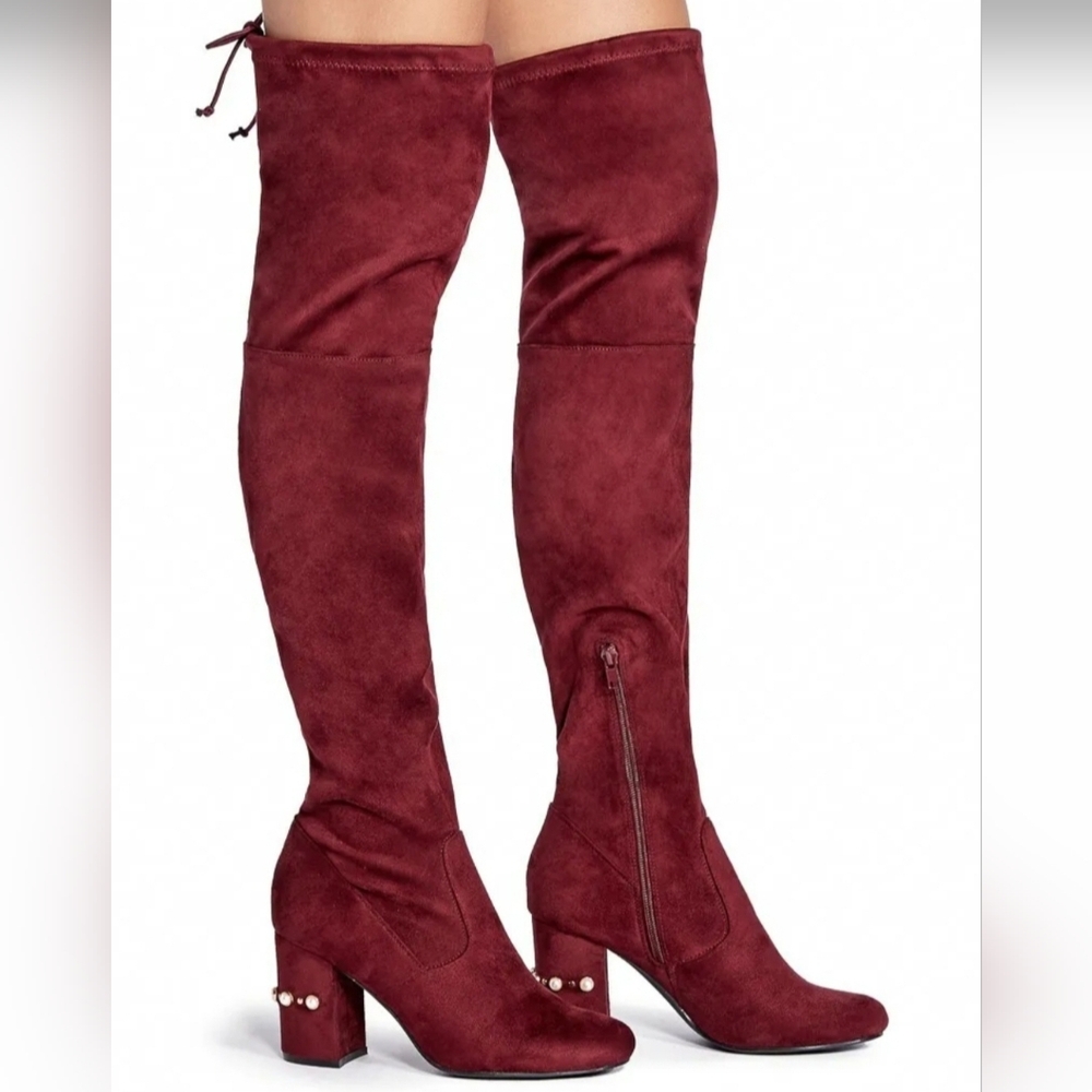 Burgandy Faux Suede Over-the-knee Boots with Pearl Heel Details